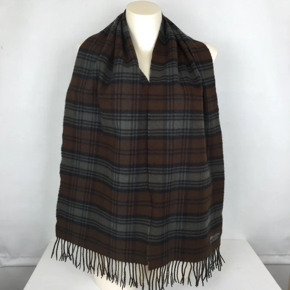 100% Cashmere Made in Scotland Chocolate Brown Latte Plaid Fringe Scarf Unisex